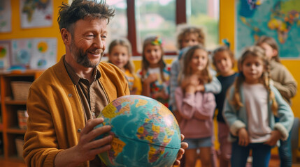 Teacher explaining geography with a globe in a vibrant classroom full of children