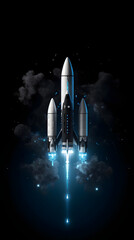 Fototapeta premium Aerospace Technology with Blue and White Rockets Launching on Black Background