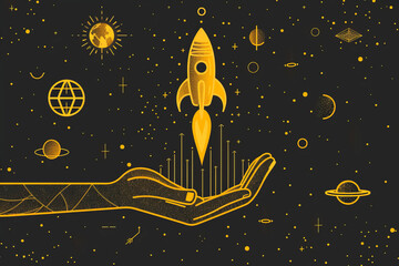 Stylized illustration of a hand holding a launching rocket surrounded by celestial elements