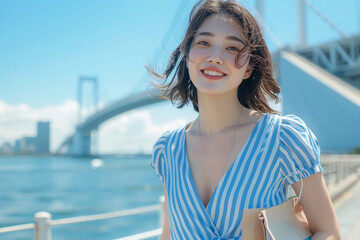 Young Asian woman enjoying a sunny day near iconic suspension bridge