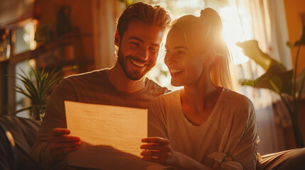 Joyful couple reading a letter together in a cozy living room - obrazy, fototapety, plakaty