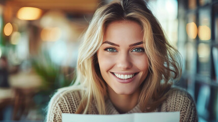 Smiling blonde woman in cozy cafe setting reflects happiness and casual style