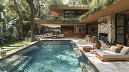 Garden gathering in a modern retreat with aquatic elements, light furnishings, and a touch of minimalist icy decor. 