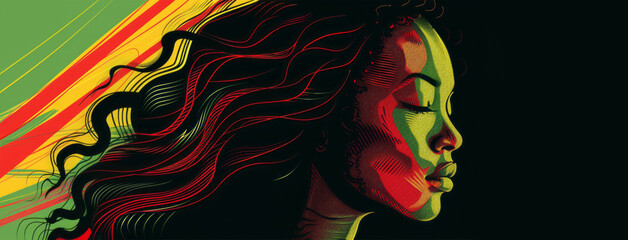 A woman with long curly hair is illustrated in vibrant red, green and yellow colors.