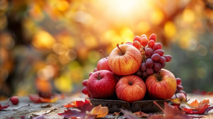 Naklejka na ściany i meble Autumn harvest still life with apples and grapes set amidst colorful leaves