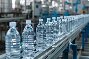 The water bottle production line in the factory is filled with pure and clean drinking water, ready for packaging into bottles.