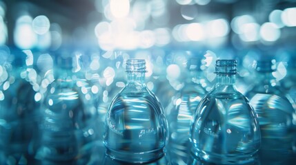 A wide shot of the entire water bottle filling line shows clear bottles in focus against a light blue color theme.