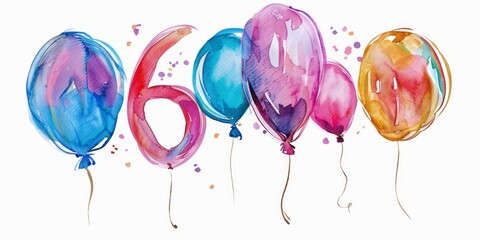 The number 60 written in watercolor, with balloons around it, on a white background.