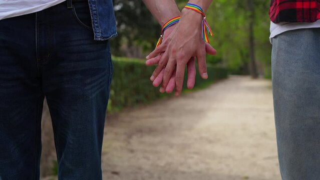 Hands with colorful LGBT wristbands held by a loving male couple, standing in a serene park.
