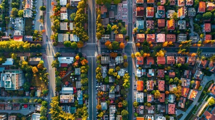 An aerial view showing the contrast between a bustling city center and calm suburban areas