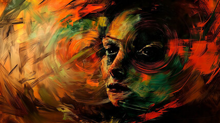 Abstract face expressing feelings of anxiety and depression. It can be used to conceptualize bipolar disorder, depression or schizophrenia. In painting style.