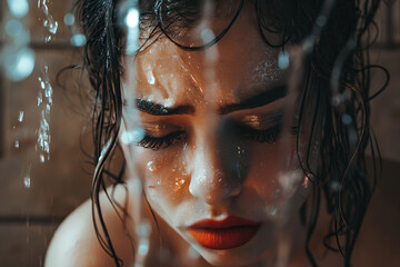Sad young woman crying in bath tub under shower waterfalls with copy space, suffering from depression