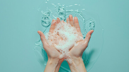 Hands with liquid soap on light blue background