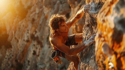 Male climber ascending a rocky mountain at sunset, showcasing strength and determination