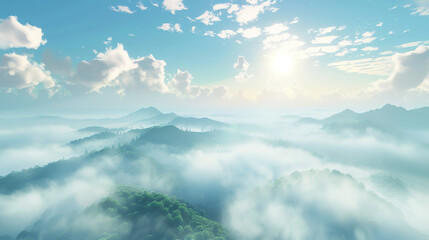 Sea of ​​mist, fresh and bright in the morning on a high mountain