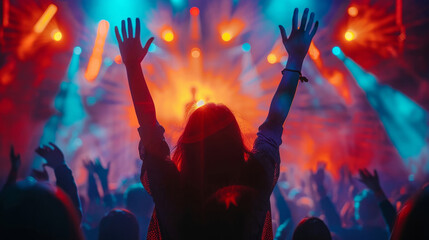 Vibrant crowd enjoying a live concert with raised hands under colorful lights
