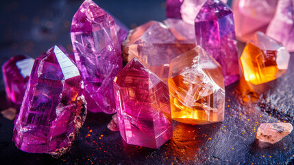 Glowing gemstones with vibrant colors and sharp facets on a dark backdrop