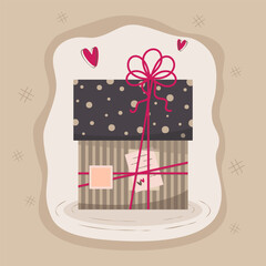 A pixel art illustration of a gift box with a red bow, featuring a rectangle shape and a tartan sleeve design. Perfect for digital art or graphic design projects