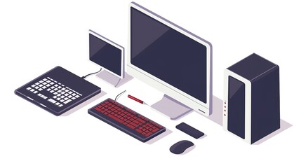 Collection of modern digital devices - computers, laptops and accessories in isometric illustration - obrazy, fototapety, plakaty