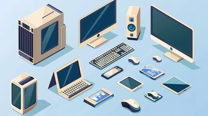 Collection of modern digital devices - computers, laptops and accessories in isometric illustration