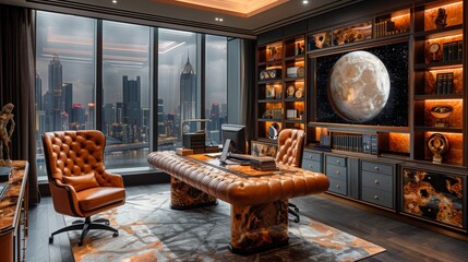 Luxe executive workspace showcasing a marble and gold theme, luxurious leather chair, and advanced holographic technology. -