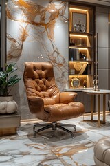 Luxe executive workspace showcasing a marble and gold theme, luxurious leather chair, and advanced holographic technology. 