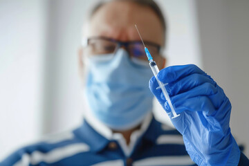 Doctor holding syringe. Close up nurse hand in glove holding needle. Copy space. Medical treatment, filler injection, cosmetic surgical, laboratory. Vaccination to patient for influenza protection.