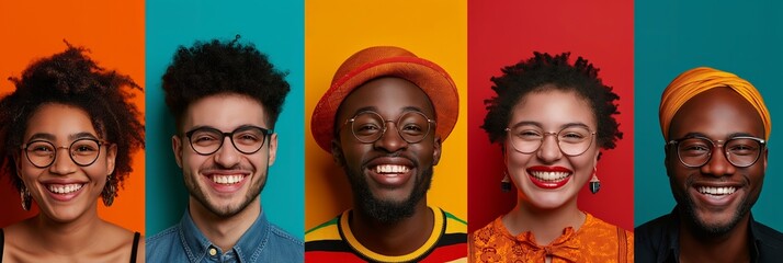 Joyful and colorful faces of young people, great for themes of diversity, happiness, and youthful culture in advertising and social campaigns.
