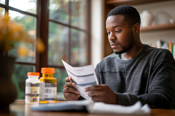 Young man critically examining medication labels at home. Suitable for healthcare, informed patient decisions, and medication safety awareness.