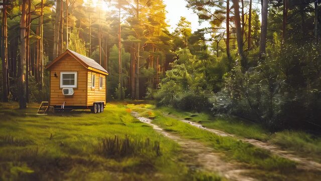 Small wooden house on wheels parked in sunlit forest clearing