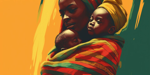 African woman and child illustration, theme of freedom day, emancipation day. Generative AI