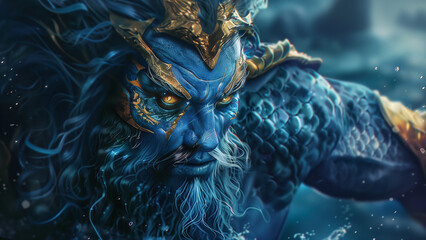 Handsome blue male sea god with golden eyes and scales, in the fantasy art style with a dark background, digital painting in the watercolor and cinematic concept art style
