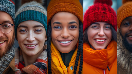Warm smiles in cold weather, group of friends wearing winter hats. Ideal for content about friendship, winter apparel, and joyful lifestyles.