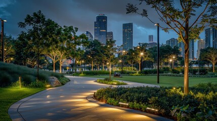 Illuminated urban park at night with colorful fountains and modern landscape design