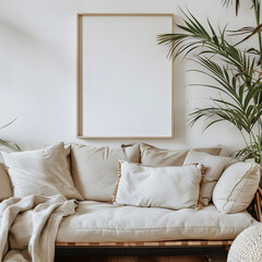 wooden frame mockup in the living room, nordic style,  white cozy sofa