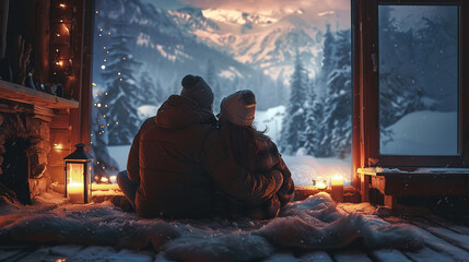 A couple sitting on a rug in a snowy cabin, looking out at the snow-covered mountains.
