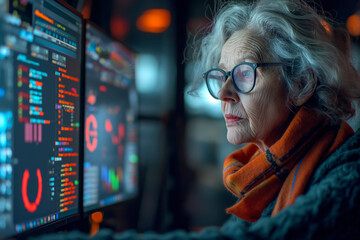 Senior woman analyzing stock market data. Reflects financial literacy among older adults, continuous learning, and the involvement of seniors in active economic participation.