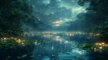Depict an alien landscape featuring a luminous river flowing through a dark, bioluminescent forest under a starlit sky.