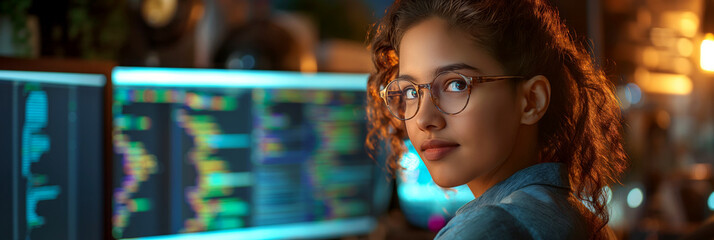 Focused woman analyzing data on multiple computer screens, ideal for themes of technology, analytics, and professional diligence in finance and tech sectors