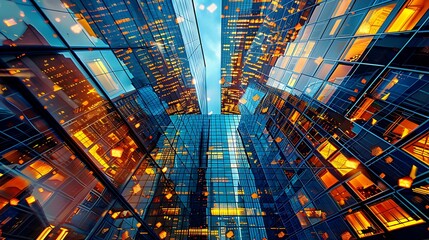 Explore the intricate network of city lights reflecting on a polished glass skyscraper, embodying the essence of global commerce