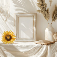 mockup wooden frame with daisy and plant, fabric background