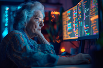 Fototapeta premium Elderly woman coding late at night. Captures the unexpected involvement of seniors in tech, ideal for discussions on age diversity in technology workplaces