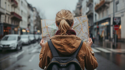 A girl with a ponytail is looking at a map while walking down a city street.