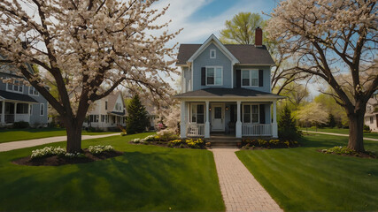 Fototapeta na wymiar Stunning Spring in Michigan With Beautiful Michigan Style House and Beautiful View. 