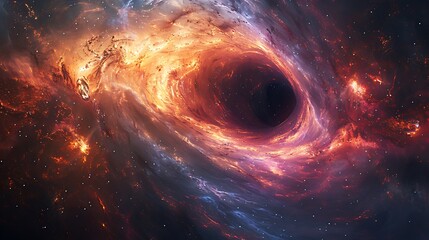 Depict the horizon of a black hole as a dramatic bending of light and space, with colors swirling towards the event horizon.        