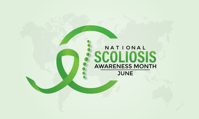 Vector illustration on the theme of National Scoliosis awareness month observed each year in June. Green ribbon with human body design illustration. Banner poster, flyer and background design.
