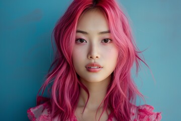 Woman with bright pink hair in a pink ruffled outfit looks serenely at the camera
