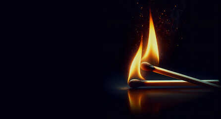 burning match stick on black background
