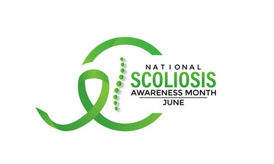 Vector illustration on the theme of National Scoliosis awareness month observed each year in June. Green ribbon with human body design illustration. Banner poster, flyer and background design.
