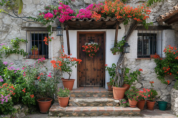 Side angle of the photo. Realistic photo on a sunny day of an idyllic and charming facade with colorful flowers in the window. Generative AI